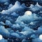 Illustrated night sky with clouds, stars, and moon in a repeating pattern (tiled)