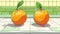 Illustrated oranges on a kitchen counter with green tiles.