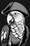 illustrated parrot in pirate hat, engraving bnw illustration on black background
