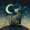 Illustrated peaceful cat under a moon at night on hill