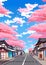 An Illustrated Serene Street in Japan with Blooming Cherry Blossoms