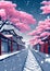 An Illustrated Serene Street in Japan with Blooming Cherry Blossoms At Winter Time