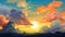 Illustrated sky with clouds, sun, stars, and sunrise or sunset. Artistic digital drawing. Atmospheric and dreamlike. Generative AI