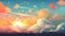 Illustrated sky with clouds, sun, stars, and sunrise or sunset. Artistic digital drawing. Atmospheric and dreamlike. Generative AI