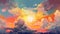 Illustrated sky with clouds, sun, stars, and sunrise or sunset. Artistic digital drawing. Atmospheric and dreamlike. Generative AI