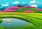 illustrated Tranquil Asian paddy fields with reflections of water
