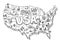 Illustrated USA map sketch. Tourist attraction. United States of America country. Freehand Illustration. Line hand-drawn