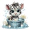 Illustrated zebra foal amidst glistening bubbles, showcasing whimsy and intricate design details.