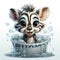 Illustrated zebra foal amidst glistening bubbles, showcasing whimsy and intricate design details.