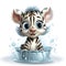 Illustrated zebra foal amidst glistening bubbles, showcasing whimsy and intricate design details.