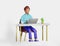 Illustration 3D character man at the desk office, home working using laptop.Smiling character freelancer, businessman