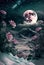 Illustration of an abstract vertical fantasy landscape with pink roses in snow, moon and milky way stars. Generative AI