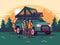 Illustration of an adventurous couple camping with an off-road car. Generative AI