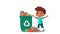 Illustration of African-American child throwing trash in green recycling bin, waste container on white background. Copy