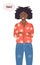 Illustration of African American young woman wearing jeans and shirt talking Hello in chat bubble