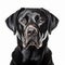 Illustration, AI generation. Black labrador face shot , isolated on white background. Pet, dog