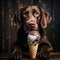 Illustration, AI generation. Brown Labrador Retriever eating ice cream