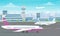 Illustration of Airport terminal building with big plane and aircraft taking off on modern city background. Flat cartoon
