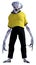 Illustration of an alien standing wearing pants and a yellow shirt with long arms out isolated on a white background
