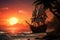 Illustration of ancient sailing pirate ship in rays of setting sun, against background of sea bay, mountains and tropical