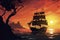 Illustration of ancient sailing pirate ship in rays of setting sun, against background of sea bay, mountains and tropical