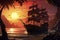 Illustration of ancient sailing pirate ship in rays of setting sun, against background of sea bay, mountains and tropical