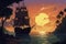 Illustration of ancient sailing pirate ship in rays of setting sun, against background of sea bay, mountains and tropical