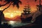 Illustration of ancient sailing pirate ship in rays of setting sun, against background of sea bay, mountains and tropical