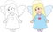 Before and after illustration of an angel, in black and white and in color, perfect for children`s coloring book