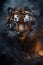 Illustration angry tiger portrait fire and smoke. Animal on a dark background. Generative AI