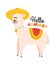 Illustration of animal alpaca in sombrero, with a bell and a cape, the inscription hello summer. Print alpaca character