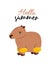 Illustration of animal capybara with pawl and hello summer lettering. Print character capybara with inflatable sleeves