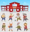 Illustration of animals students near school building. Collection of funny vector cartoon schoolkids