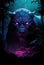 Illustration animated of black tiger at night view with purple light from the eyes