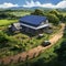 Illustration animated of house in the farm with solar panel on the top of house