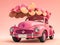 illustration of antique pink car with pink background and flowers. Generative AI