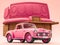 illustration of antique pink car with pink background. Generative AI