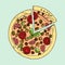 Illustration. Appetizing pizza. Happy Birthday.