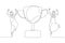 Illustration of arab businessman employee jump in the air with trophy cup concept of recognition. One line style art