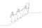 Illustration of arab businessman team walking up staircase, holding hands with raised flag. Single line art style