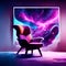 Illustration of an armchair in front of a window with a view of outer space AI Generated