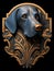 Illustration in art deco style of a dog. Sophisticated aesthetics in golden details.