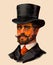 Illustration of an artistic portrait of a 19th century gentleman, wearing a top hat, mustache and beard. Multicolor male art