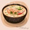 Illustration of Asian soup tom yam with shrimp. Spicy, hot soup of delicate pink color with shrimps and seasonings