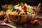 Illustration of assorted, fresh and juicy fruit salad in a bowl. Mixed fruits. Delicious, sweet and tasty. Strawberry, blueberry,