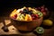 Illustration of assorted, fresh and juicy fruit salad in a bowl. Mixed fruits. Delicious, sweet and tasty. Strawberry, blueberry,