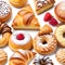 An illustration of an assortment of sweet tasty pastries isolated on white.