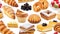 An illustration of an assortment of sweet tasty pastries isolated on white.