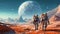 Illustration of astronauts in space suits exploring distant planets