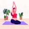 Illustration of Attractive pregnant woman working out, pregnant woman training yoga at home with lots of indoor plants.